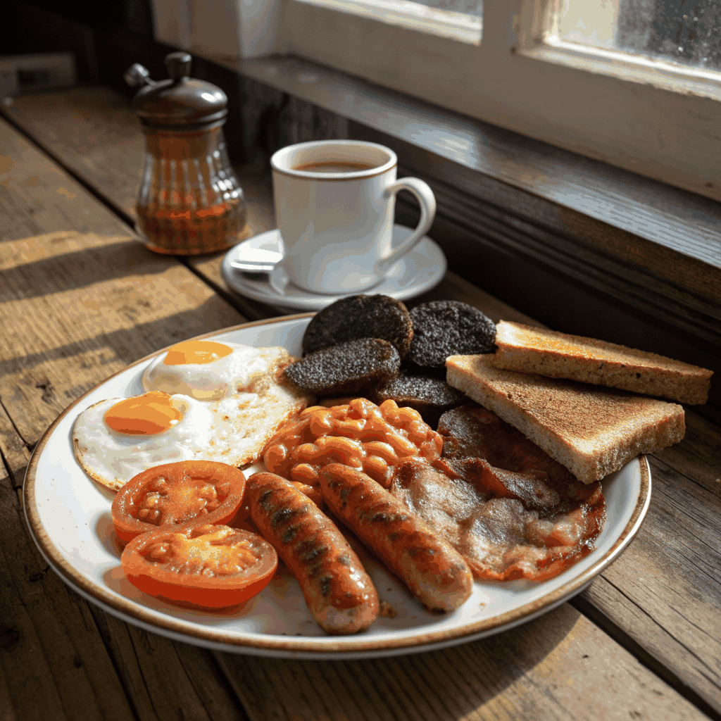 Traditional Irish breakfast sizzle with Clonakilty black pudding and Irish sausages