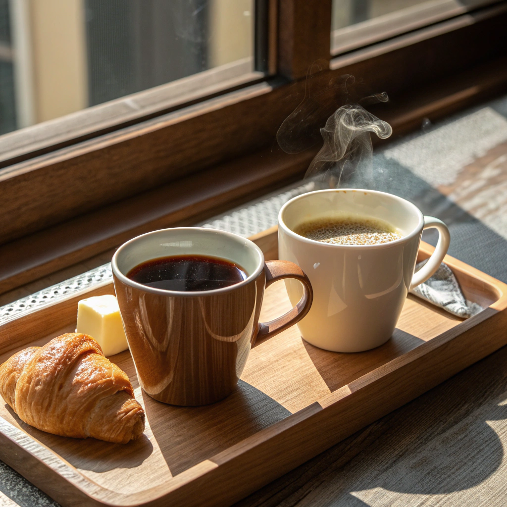 Steaming hot cup of Irish tea with biscuits on a timber cafe table